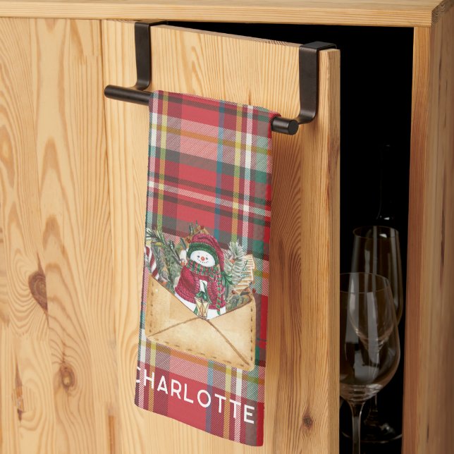 Cute Plaid Rustic Script Christmas Holidays Custom Tea Towel (Thirds Fold)