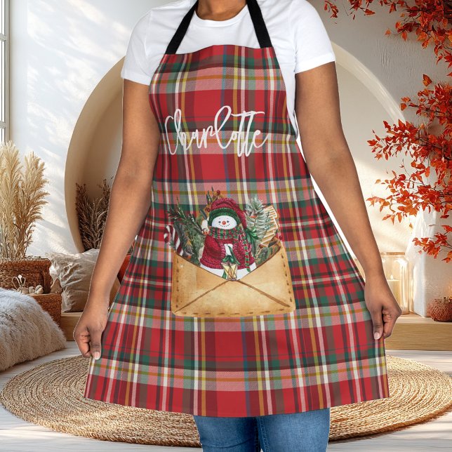 Cute Plaid Rustic Script Christmas Holidays Name Apron (Christmas Plaid Red Checkered Custom Apron)