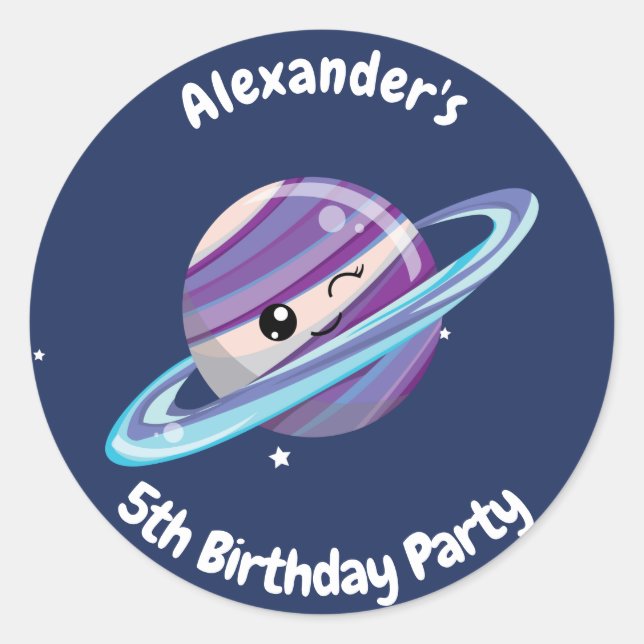 Cute Planet Saturn Space Galaxy Kid Birthday Classic Round Sticker (Front)