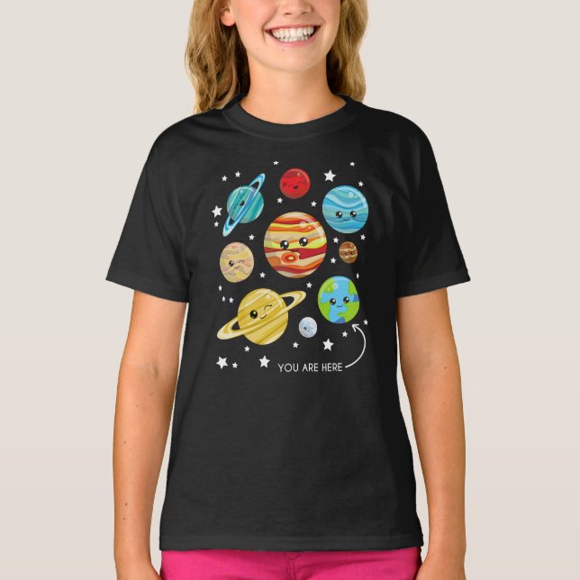 Cute Planets, Kawaii Planets, Space, Cosmos, Stars T-Shirt (Front)