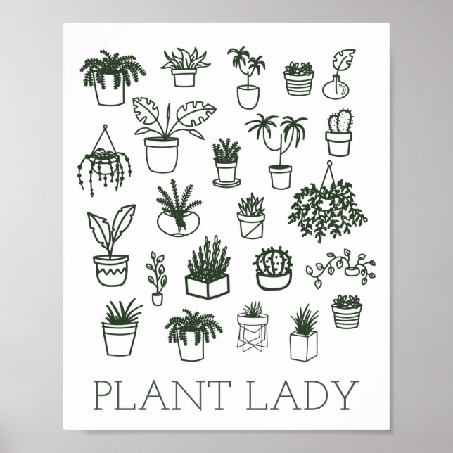 Cute Plant Lady Houseplant Illustration in Green Poster (Front)