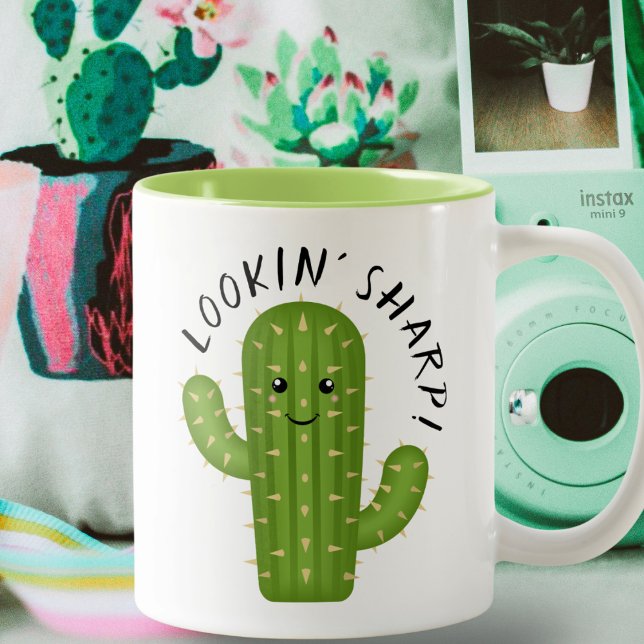Cute Plant Lover Cactus Lookin' Sharp Two-Tone Coffee Mug (Creator Uploaded)