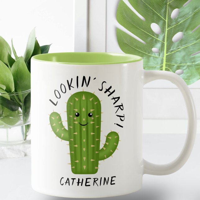 Cute Plant Lover Cactus Lookin' Sharp Two-Tone Coffee Mug (Creator Uploaded)