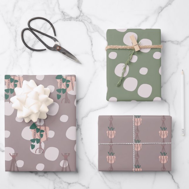 Cute Plant Macrame Scattered Dot Greenery Pattern Wrapping Paper Sheet (Front)