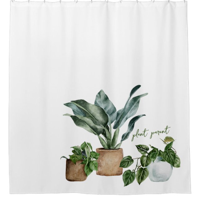 Cute "Plant Parent" Botanical Plant Design Shower Curtain (Front)