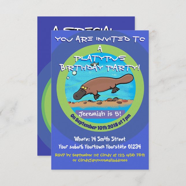 Cute platypus cartoon 5 years birthday invitation (Front/Back)