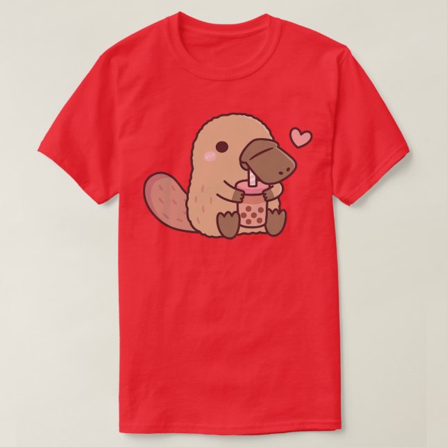Cute Platypus Loves Drinking Bubble Tea T-Shirt (Design Front)