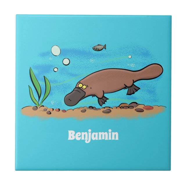Cute platypus swimming cartoon ceramic tile (Front)