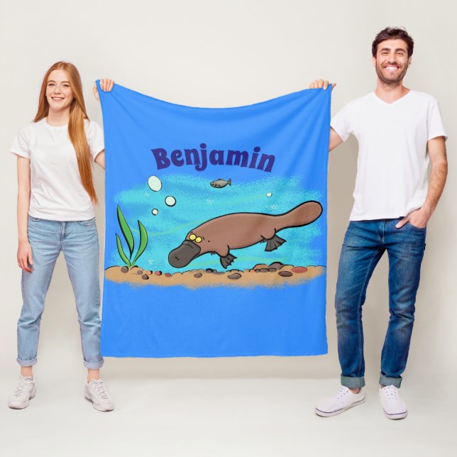 Cute platypus swimming cartoon fleece blanket (In Situ)
