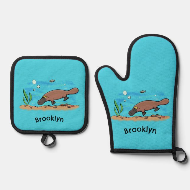 Cute platypus swimming cartoon oven mitt & pot holder set (Front)