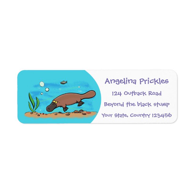 Cute platypus swimming cartoon return address label (Front)