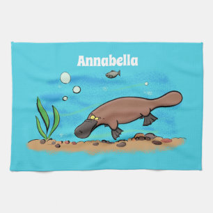 Cute platypus swimming cartoon tea towel