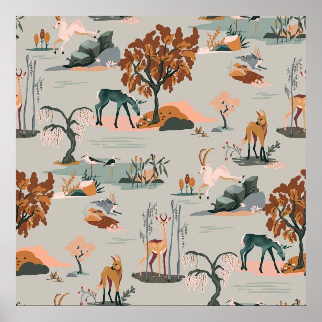 Cute & Playful Animal Pattern With Unicorns Poster (Front)