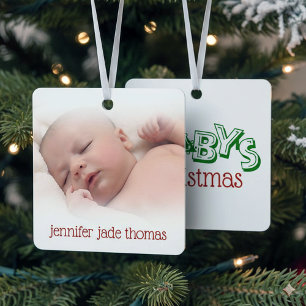 Cute Playful Baby's Photo First Christmas Tree Metal Tree Decoration