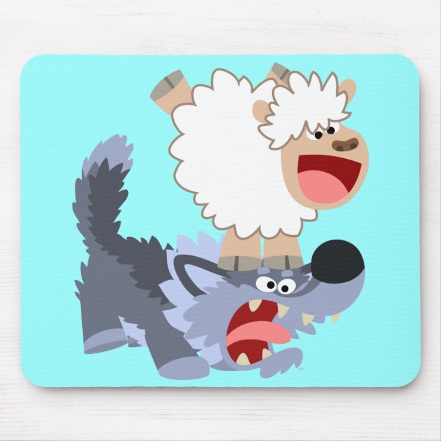 Cute Playful Cartoon Sheep and Wolf Mousepad (Front)