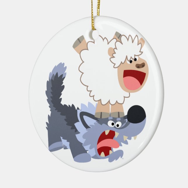 Cute Playful Cartoon Sheep and Wolf Ornament (Left)
