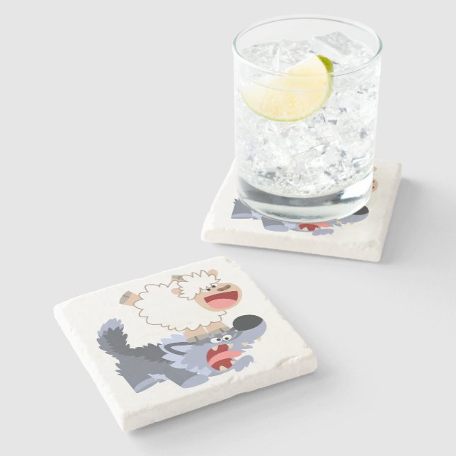 Cute Playful Cartoon Sheep and Wolf Stone Coaster (Side)
