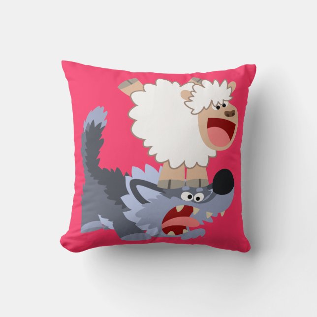 Cute Playful Cartoon Sheep and Wolf Throw Pillow (Front)