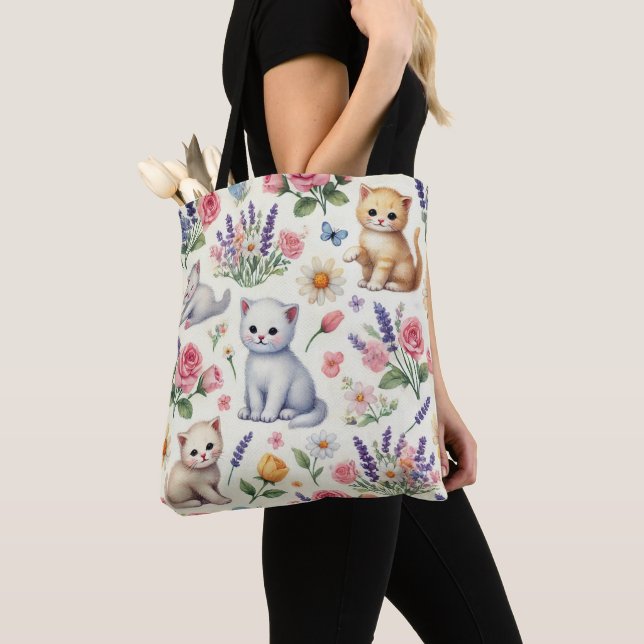 Cute Playful Cats and Flowers Pattern Tote Bag  (Close Up)