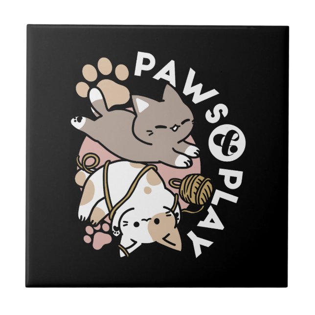 Cute Playful Cats Design – Fun Paws and Play Art Ceramic Tile (Front)