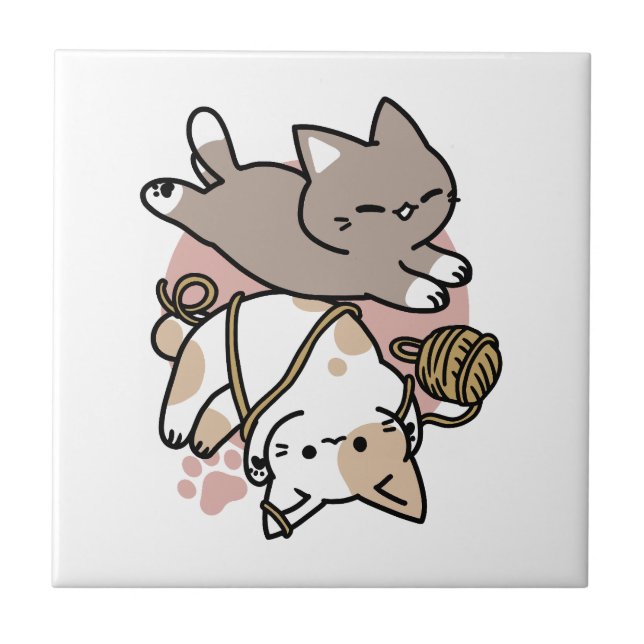 Cute Playful Cats Design – Fun Paws and Play Art Ceramic Tile (Front)