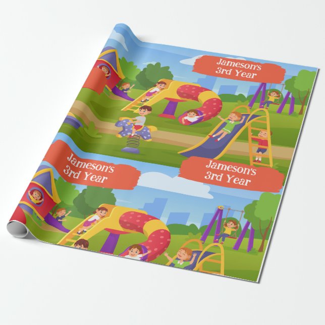 Cute Playful Colourful Kids' Playground Birthday Wrapping Paper (Unrolled)