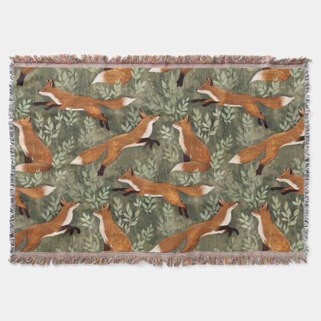 Cute Playful Foxes in Red Brown on Olive Green Throw Blanket (Front)