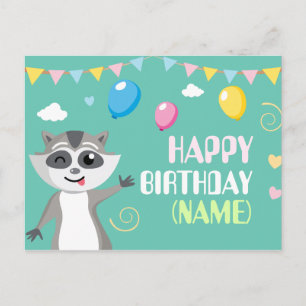 Cute playful funny racoon with balloons postcard