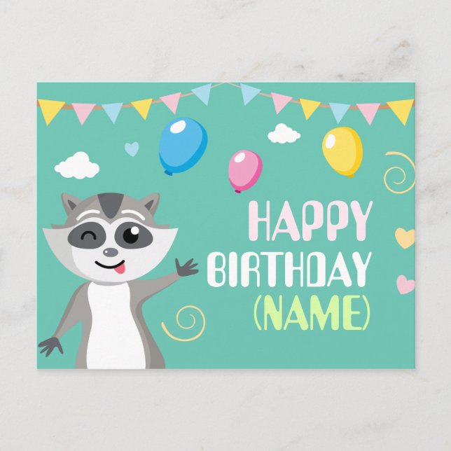 Cute playful funny racoon with balloons postcard (Front)