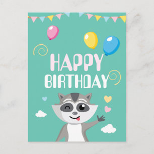 Cute playful funny racoon with balloons postcard