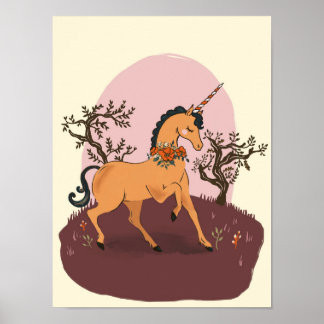 Cute & Playful Gold Unicorn Prancing Kids Art Poster