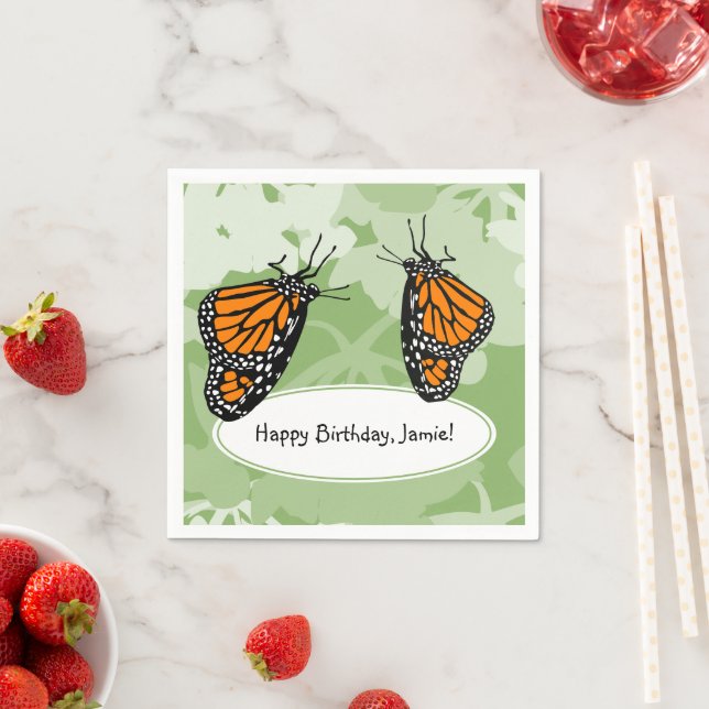 Cute Playful Insects Monarch Butterflies Green Napkin (Insitu)