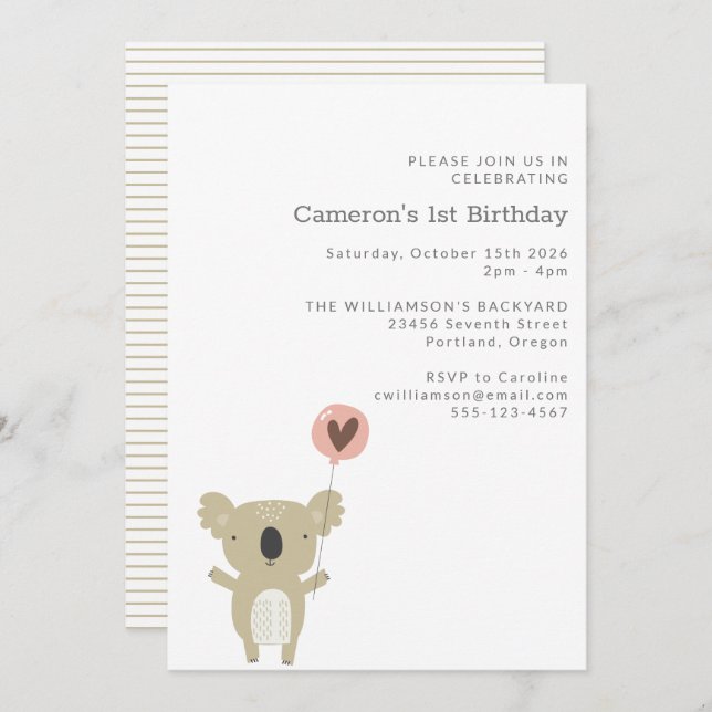 Cute Playful Koala Bear Simple 1st Birthday Invitation (Front/Back)
