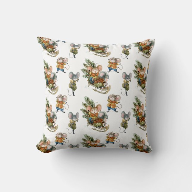 Cute Playful Mice Christmas Pattern Cushion (Front)