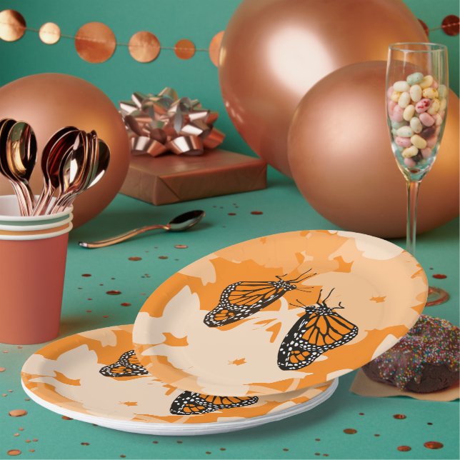 Cute Playful Orange Monarch Butterflies Paper Plate (Multi)