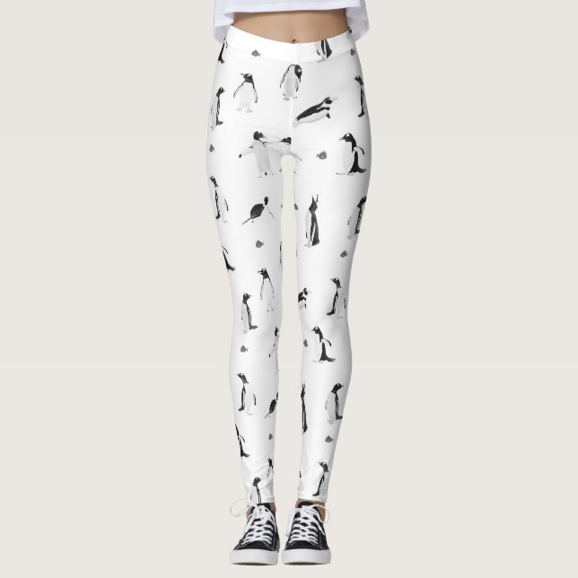 Cute Playful Penguins and Fish Monochrome Pattern Leggings (Front)