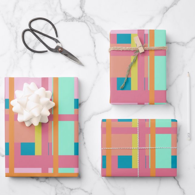 Cute Playful Plaid Geometric Lines in Blue Wrapping Paper Sheet (Front)