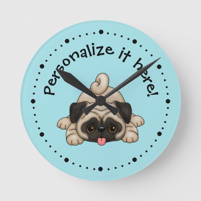 Cute Playful Pug Puppy Personalised Clock (Front)