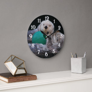 Cute Playful Sea Otters Large Clock