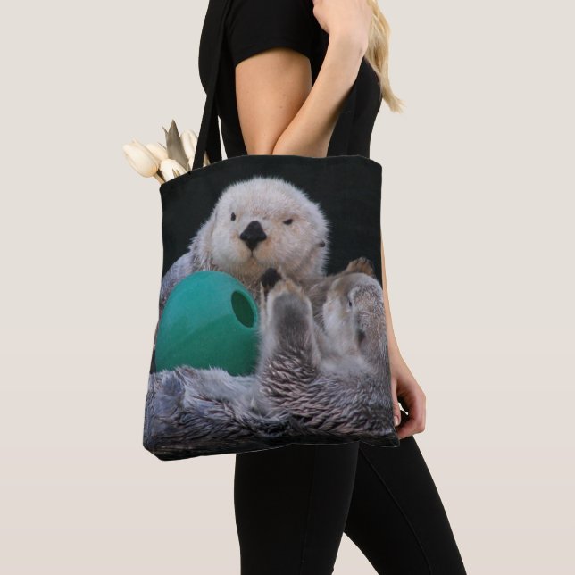 Cute Playful Sea Otters Tote Bag (Close Up)