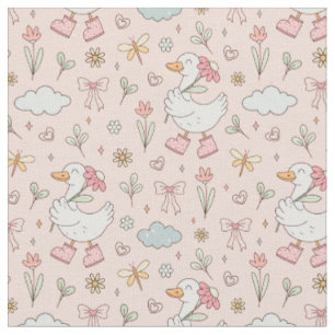 Cute & Playful Silly Spring Floral Goose Pattern Fabric