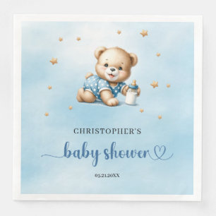 Cute playful teddy bear brown blue boy baby shower napkin