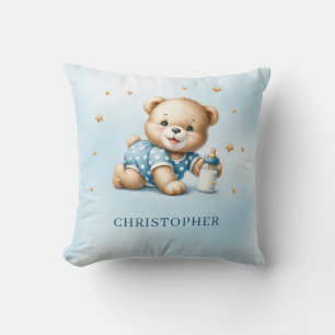Cute playful teddy bear with baby bottle cushion