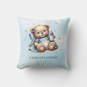Cute playful teddy bear with baby bottle cushion