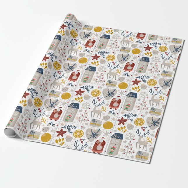 Cute Playful Whimsical Christmas Icons Wrapping Paper (Unrolled)