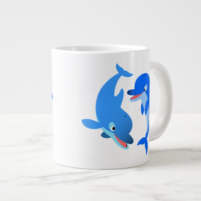 Cute Playing Cartoon Dolphins Jumbo Mug (Front Right)