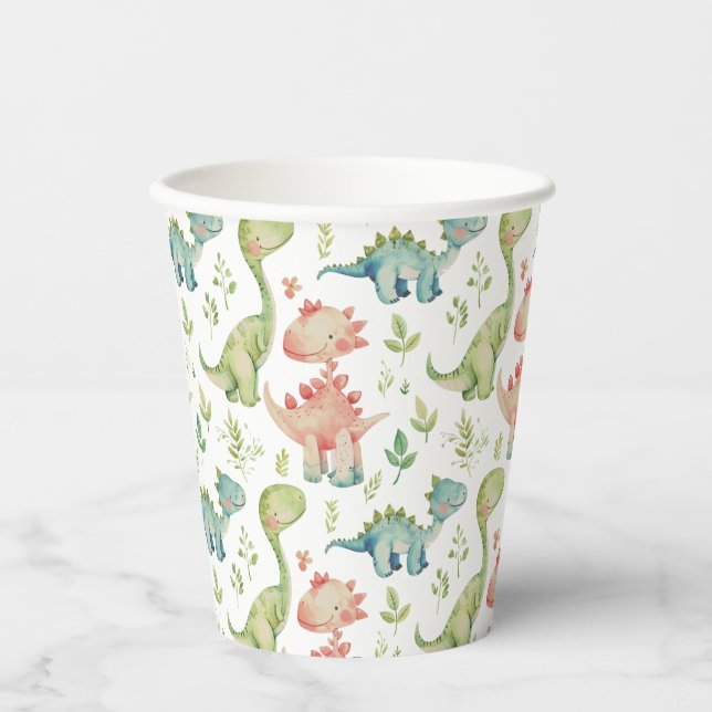 Cute playing dinosaurs kids  birthday paper cups (Front)