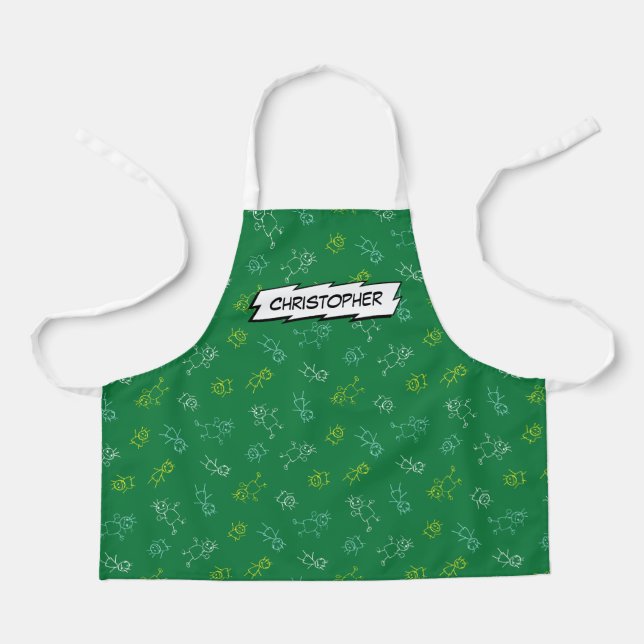 Cute playing kids pattern green personalised name  apron (Front)