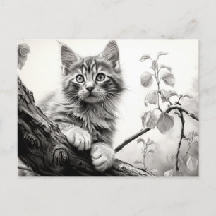 Cute playing kitten - Black and White Drawing Art Postcard
