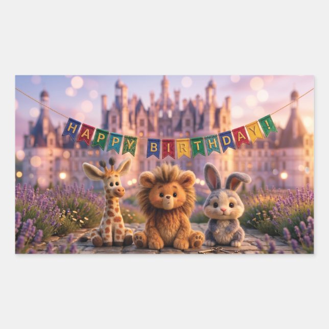 Cute Plush Animals with Happy Birthday Banner Rectangular Sticker (Front)